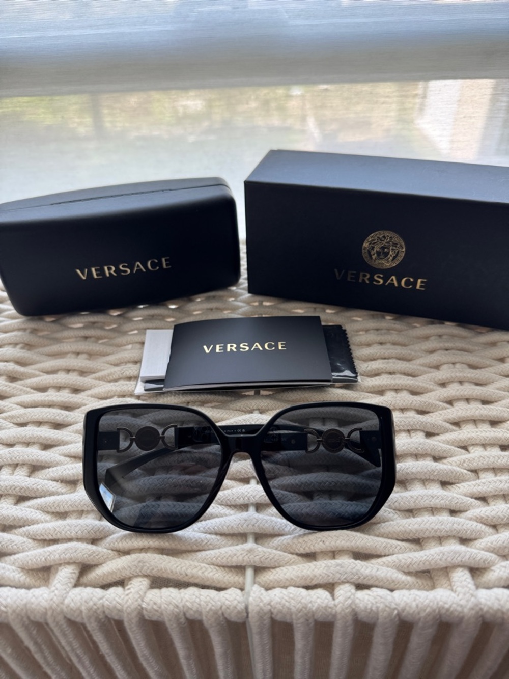 Versace Black Oversized Women's Sunglasses with Gold Logo Accents